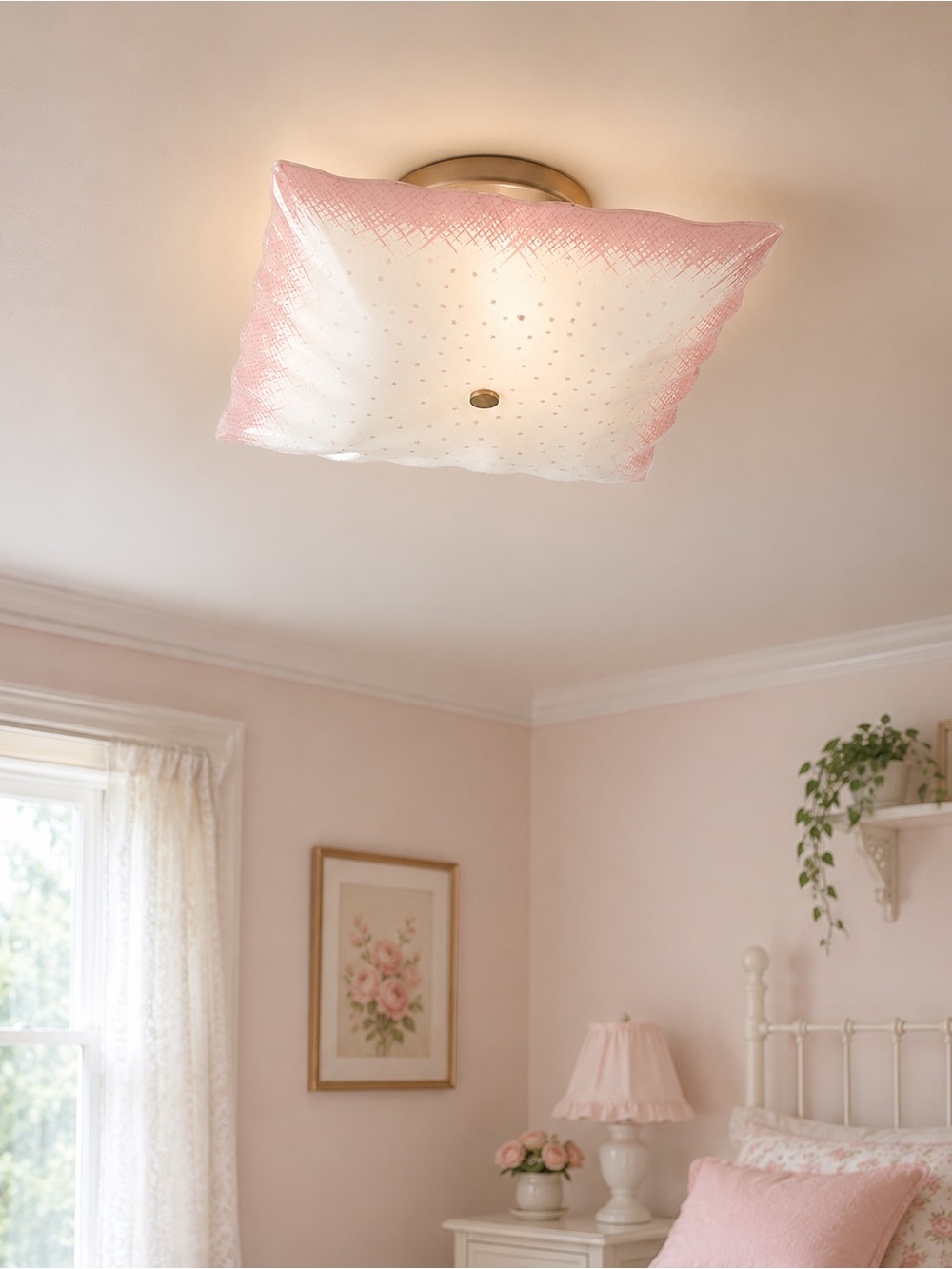 Vintage Mid Century Square‎ Ceiling Glass Light Shade Pink & White #2566